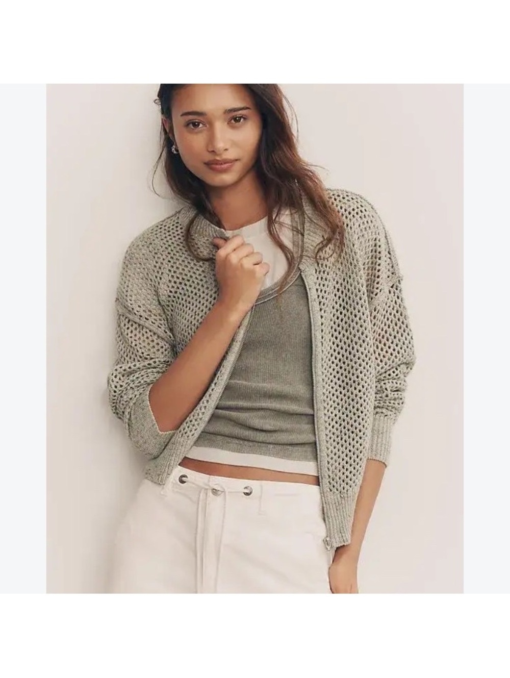 Pilcro Anthropologie Open-Knit Bomber Cardigan Jacket Powdered Sage Women’s Med